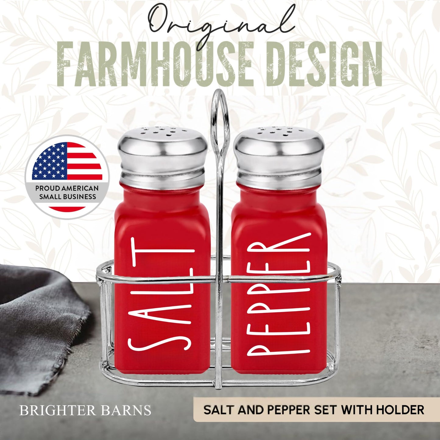 Red Salt and Pepper Shakers Set with Holder by Brighter Barns - Dining Table Decor, Modern Farmhouse Kitchen Decor - Christmas Salt and Pepper Shakers with Caddy for Restaurant, RV, Airbnb, Gift (Red)