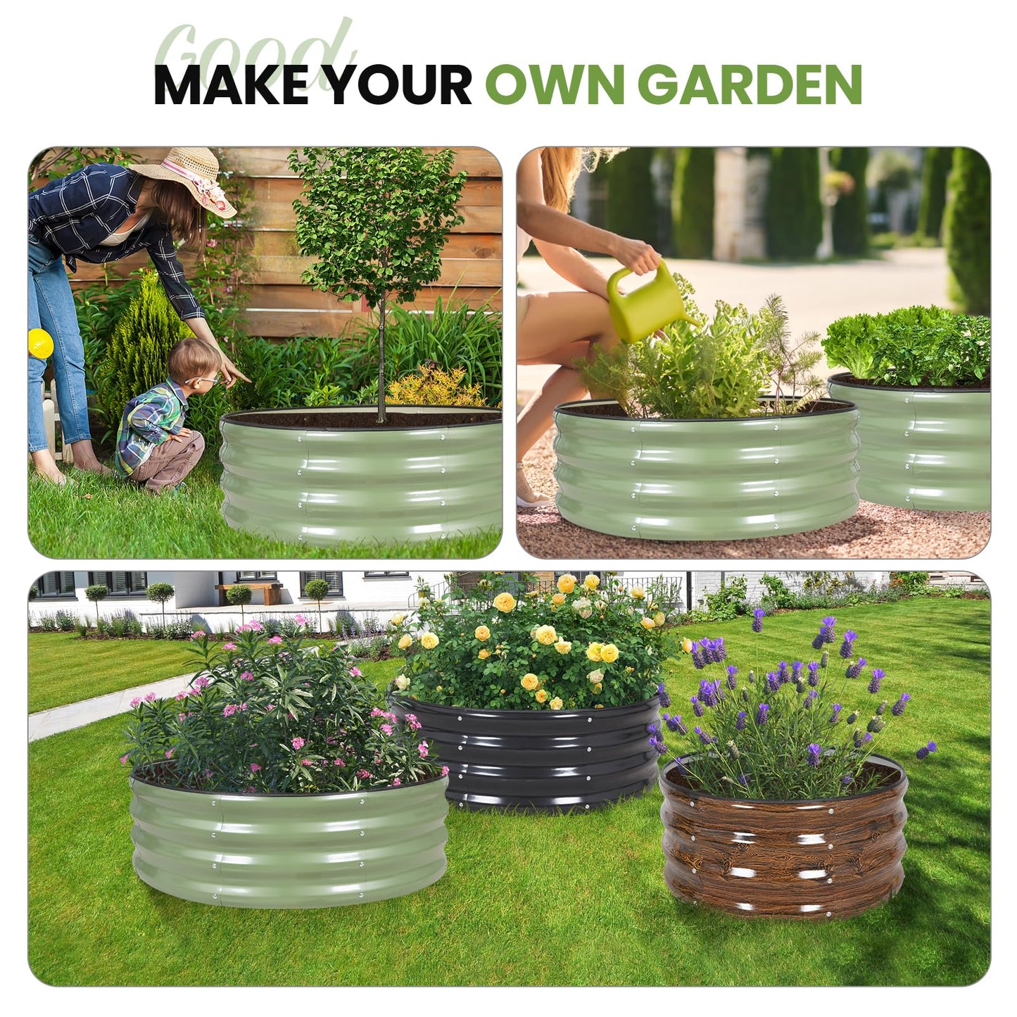 G GOOD GAIN Round Raised Garden Bed - 2Pcs 3x3x1ft Galvanized Steel Planter Boxes Outdoor with Rubber Edge Trim | Metal Raised Beds for Gardening Vegetables Flowers Fruits Herbs (Olive Green)