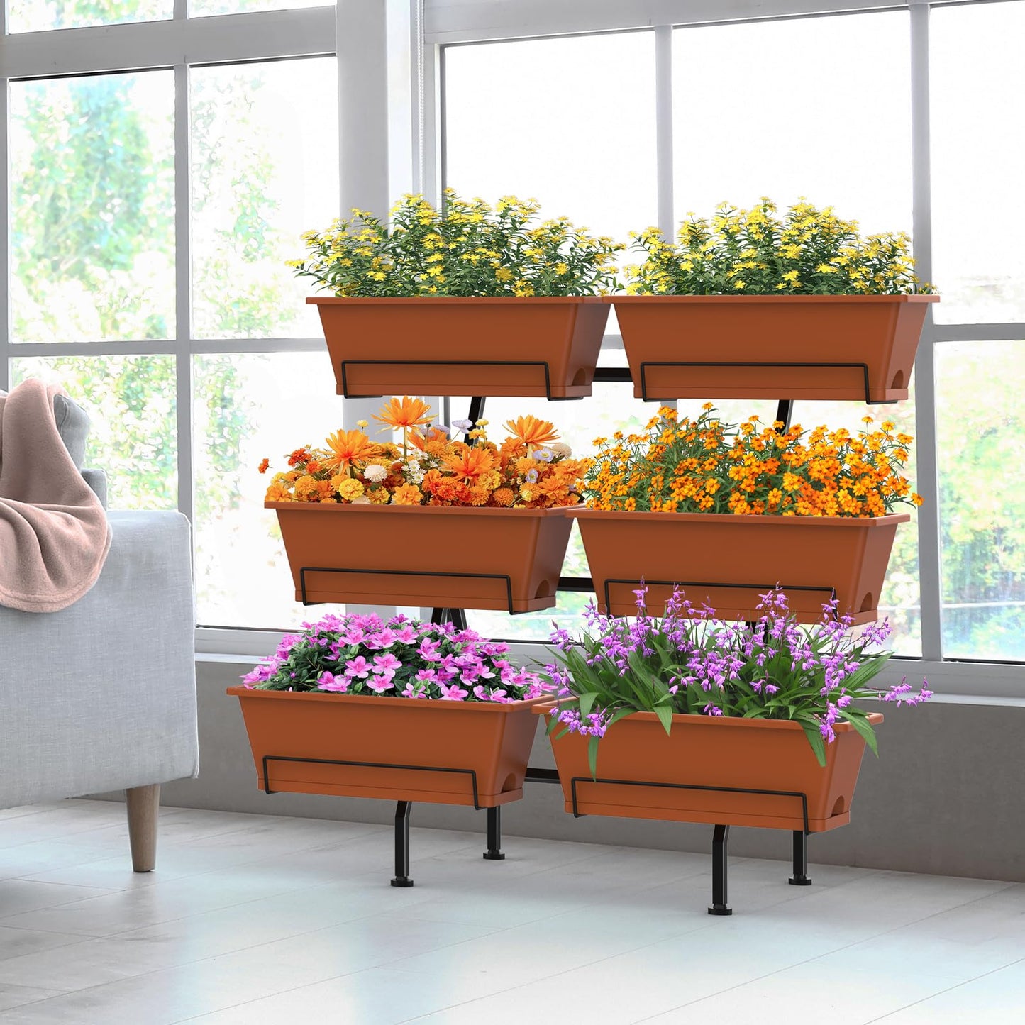 Sunexinlo 3-Tier Vertical Garden Planter with 6 Boxes, 31" Tall Raised Garden Bed with Adjustable Feet for Herbs, Flowers, Vegetables, Ideal for Indoor, Outdoor, Patio, Balcony, Deck Use, Brick Red
