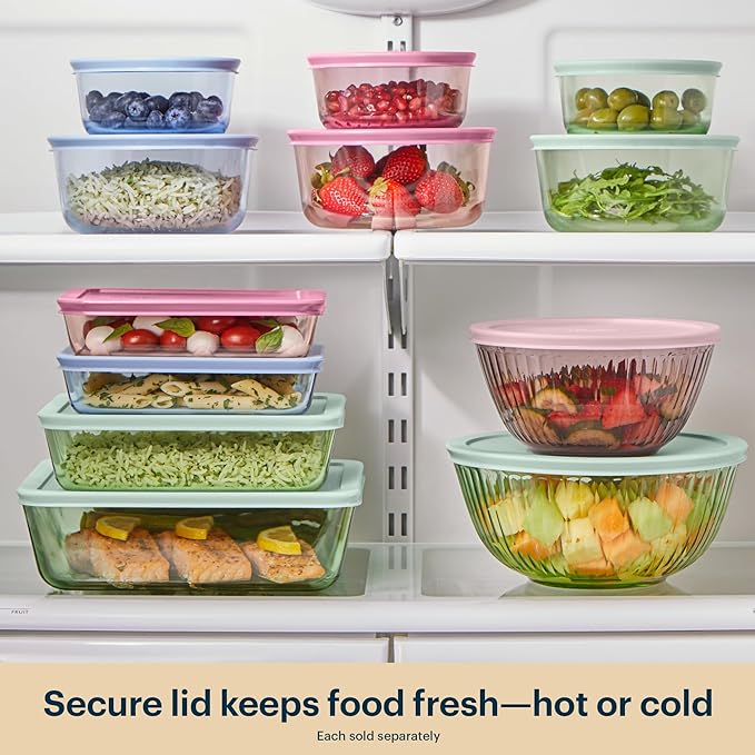 Pyrex Colors Tinted Glass Rectangle Food Storage Container Set, Snug Fit
