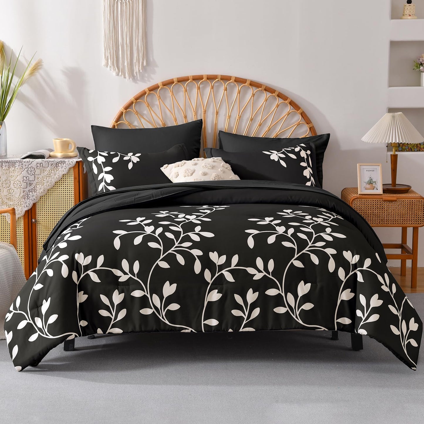 METAHOTS King Size Comforter Set - 7 Pieces White Floral Botanical Printed on Black King Comforter Set with Sheets, Soft Lightweight Microfiber Bedding Set for All Season(104"X90")