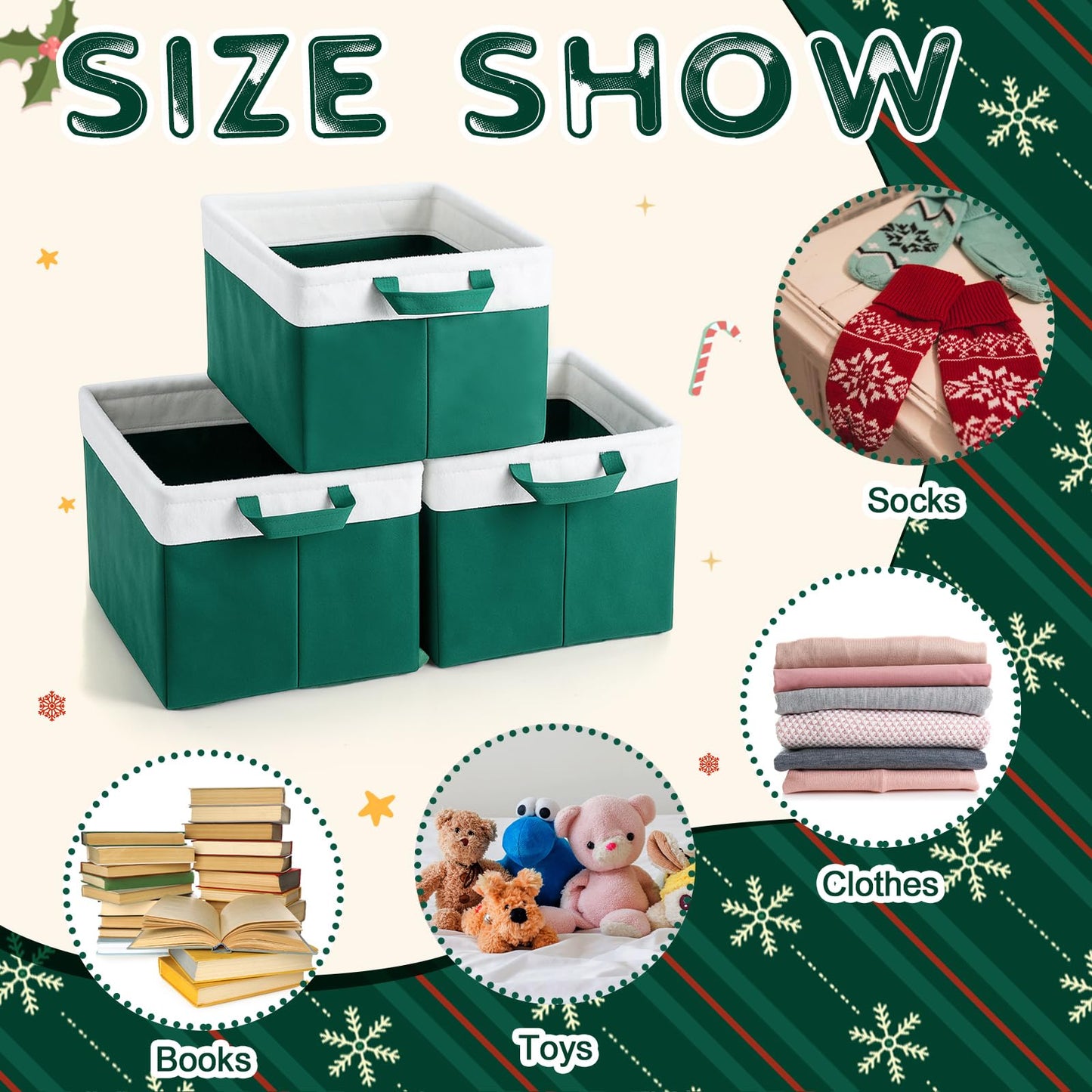 Bokon 3 Pcs Christmas Storage Basket Large Velvet Foldable Storage Bin with Handles Flannel Waterproof Closet Organizer Christmas Gift Basket for Office Home Bedroom Clothes(Green)