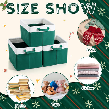 Bokon 3 Pcs Christmas Storage Basket Large Velvet Foldable Storage Bin with Handles Flannel Waterproof Closet Organizer Christmas Gift Basket for Office Home Bedroom Clothes(Green)