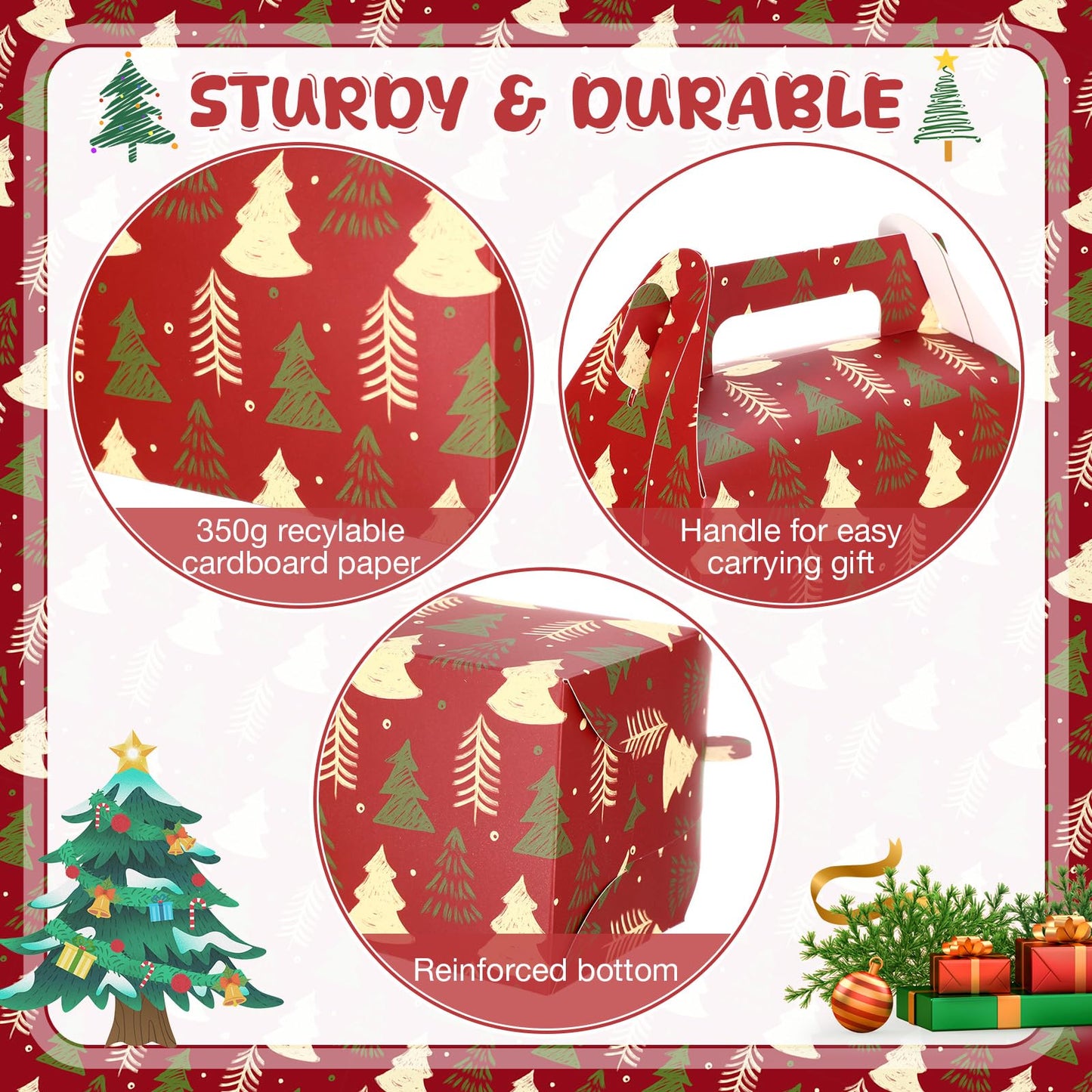 Feifeiya 30 Pcs Christmas Treat Boxes with Handles Xmas Red Gift Boxes Paper Candy Cookie Christmas Tree Cupcake Snack Goodies Gift Wrap Container Bags for Kids Xmas Party Favor Supply Decoration