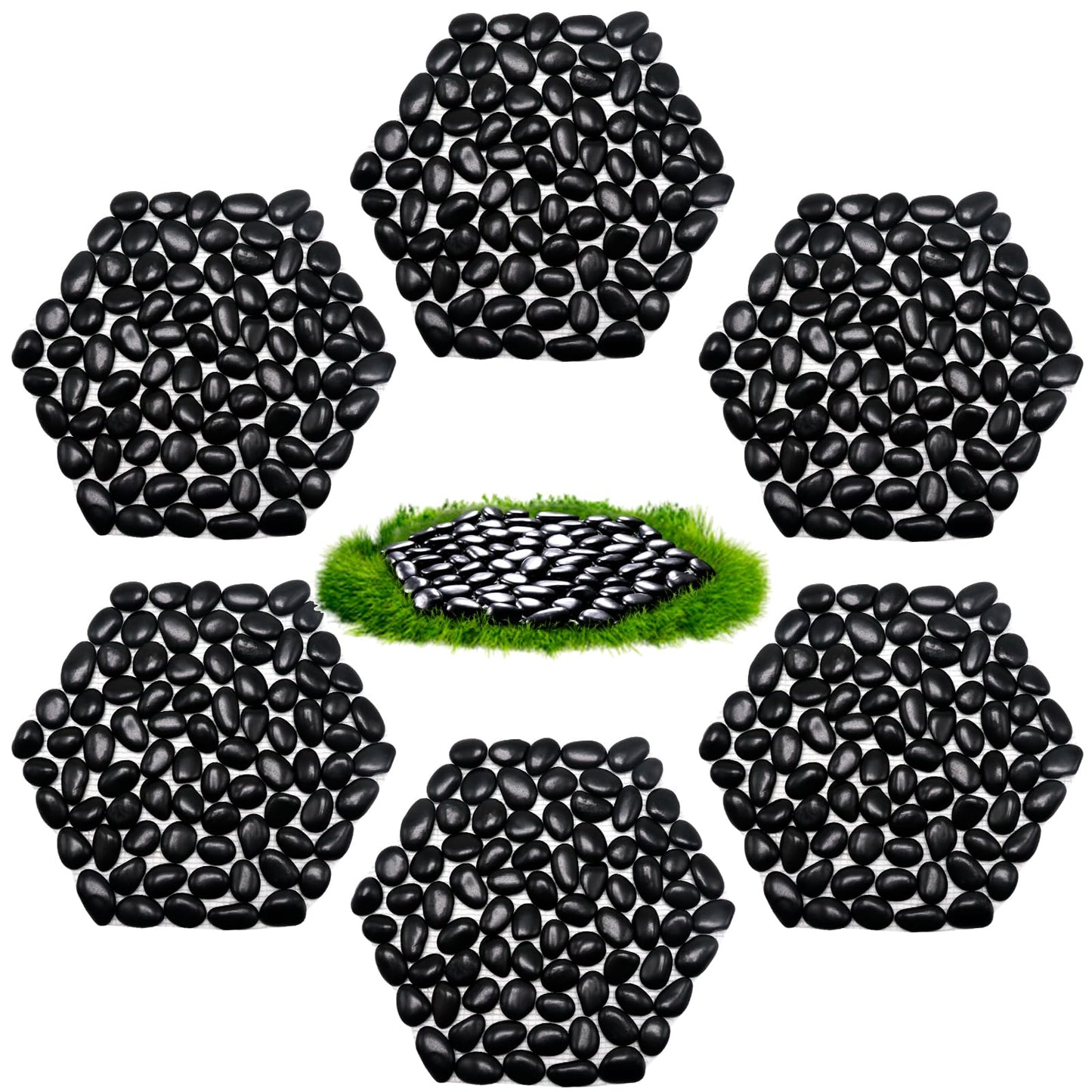 Ausluru 10in River Rock Stepping Stones Set - 6 Pack | Polished Pebble | Long-Lasting PVC Mesh Backing | Perfect for Garden Paths and Lawns Outdoor Landscaping Decoration | Black Rhombus