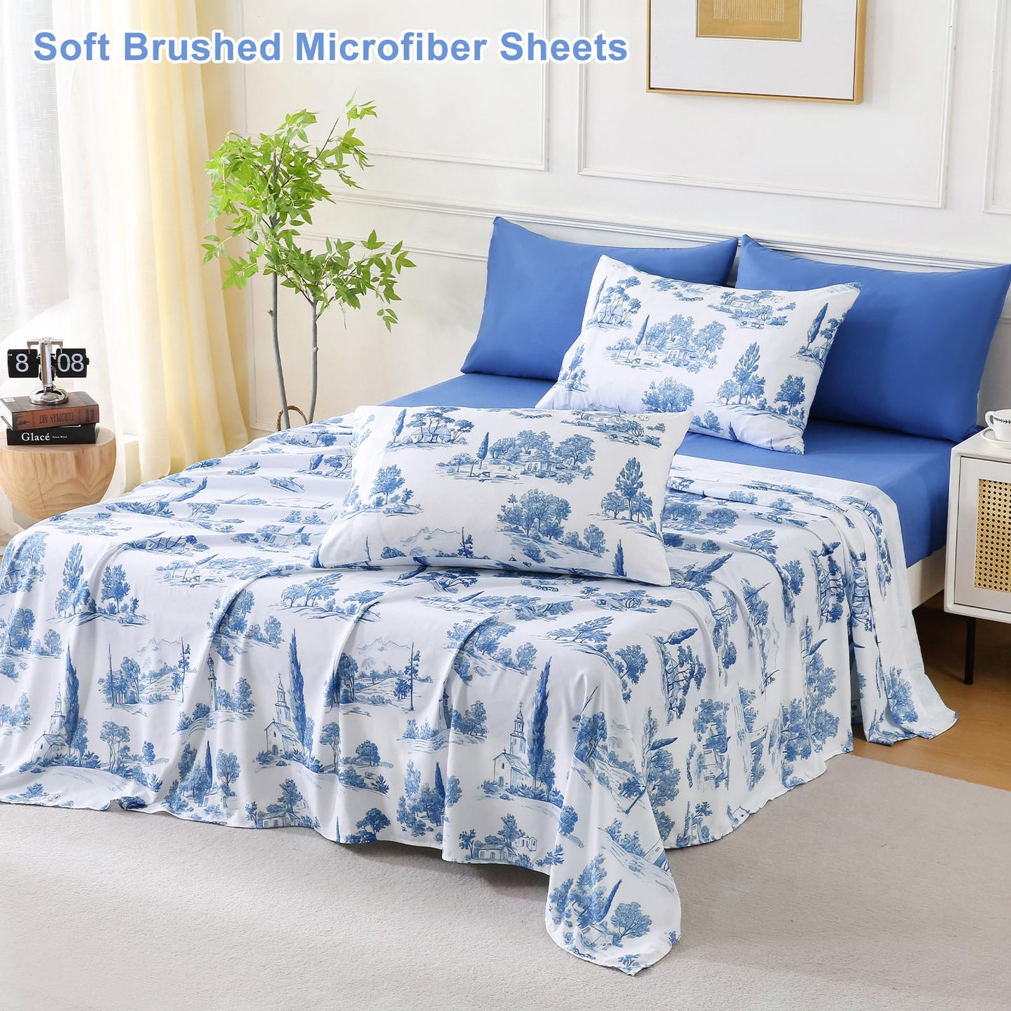 Botanical 6-Piece Full Size Sheets Set, Boho Floral Print Brushed Microfiber Sheets, Cooling Bed Sheet Set, Ultra Soft & Breathable, 16' Deep Pocket Fitted Sheet & Pillowcase Set, Blue Floral