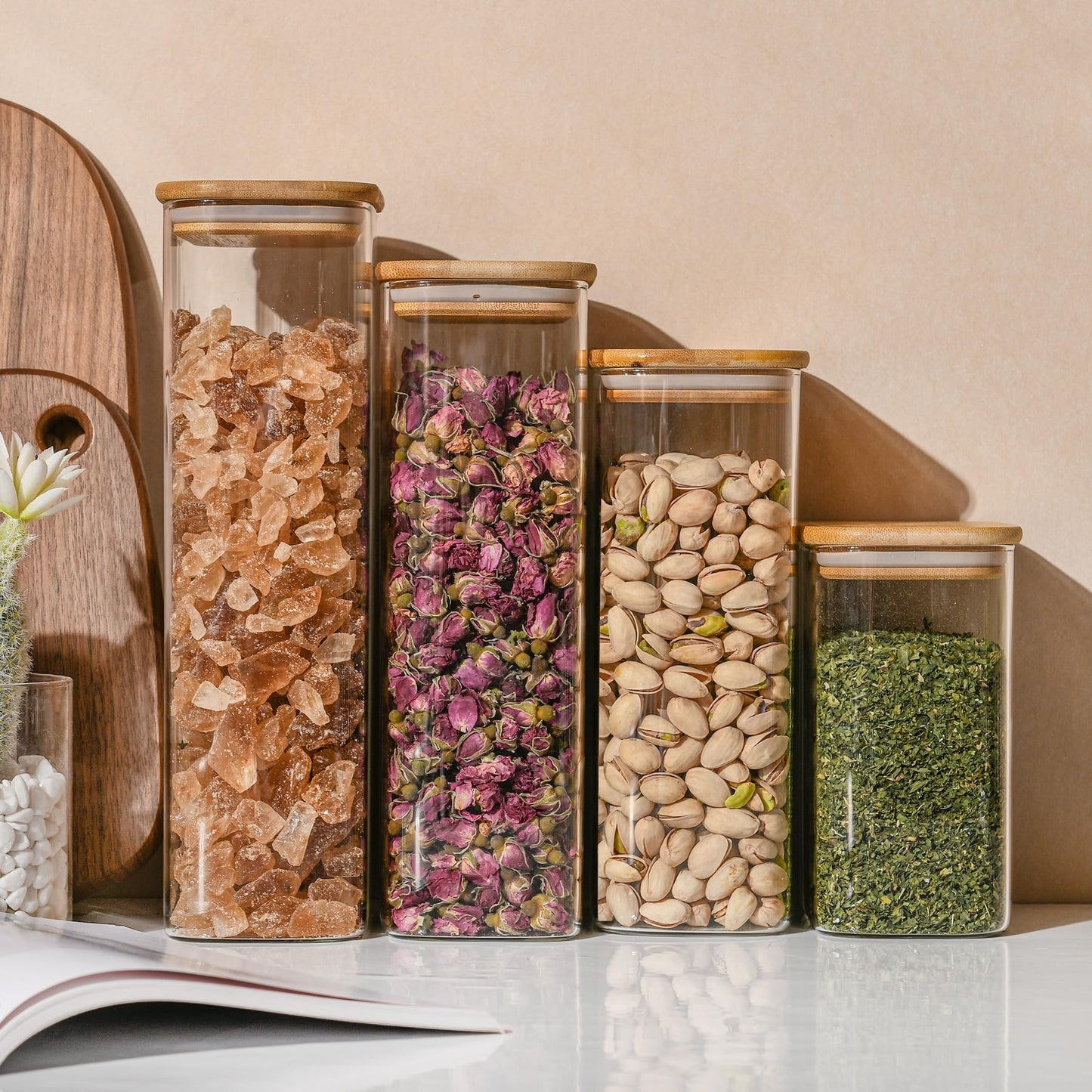 D2scrma 71oz Rectangle Airtight Glass Storage Containers with Bamboo Lids (Set of 3), Square Food Storage Jar, Pantry Organizers for Sugar, Flour, Spaghetti and Coffee beans (‎with Black Lable)