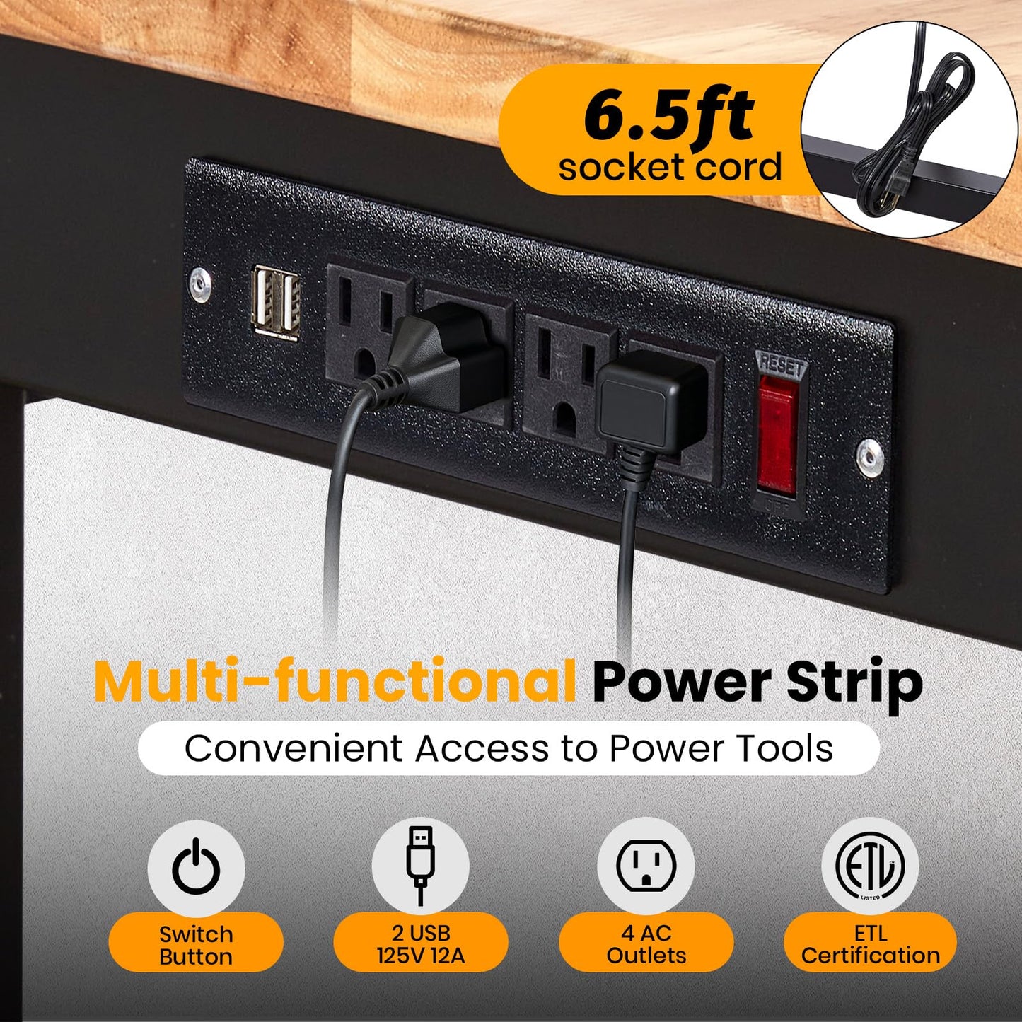 60" x 24" Heavy Duty Workbench with ETL Power Outlet, 8-Level Height Adjustment (29.5"-39.4"), Rubberwood Top with 2000 Lbs Capacity, for Garage/Workshop/Home Office, Metal Casters & Pegboard
