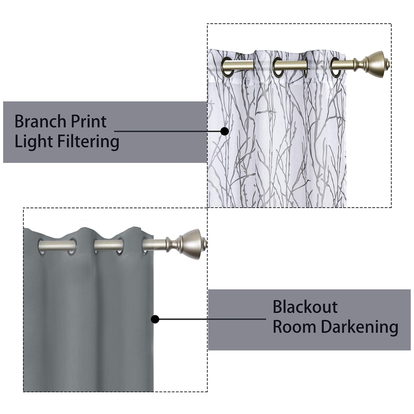 BONZER Mix and Match Curtains - 2 Pieces Branch Print Sheer Curtains and 2 Pieces Blackout Curtains for Bedroom Living Room Grommet Window Drapes, 37x63 Inch/Panel, Light Grey, Set of 4 Panels