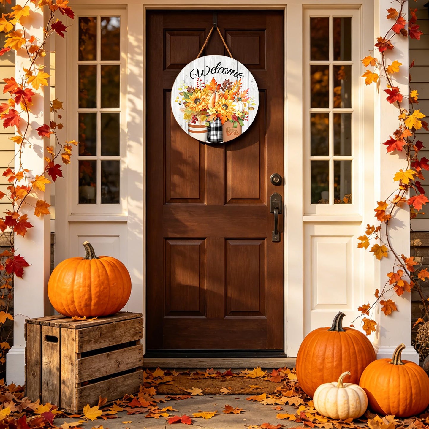 Harooni Fall Welcome Sign Door Sign 12"x12" Rustic Fall Decorations Hanging Door Sign Thanksgiving Farmhouse Welcome Round Wooden Sign for Home Front Door Wall Porch Yard Garden