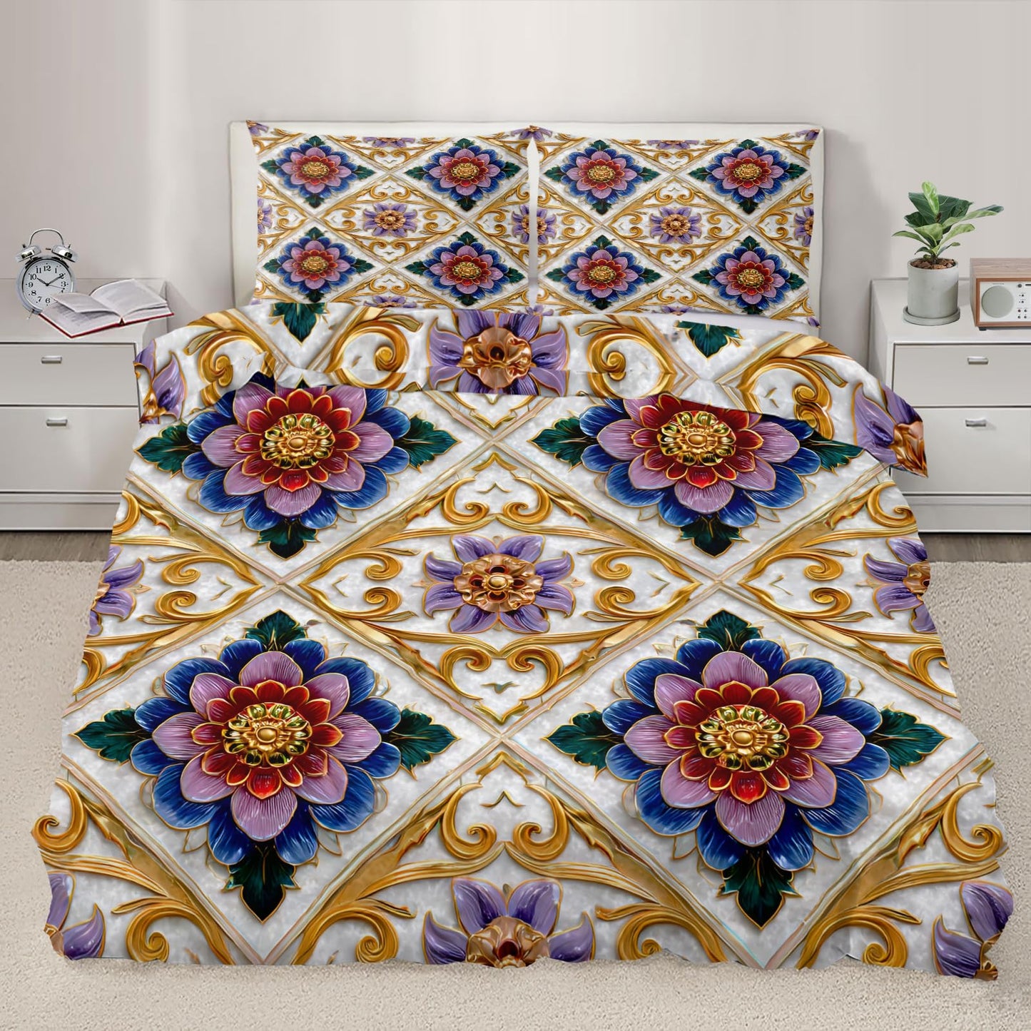 ZAMODE Floral Duvet Cover 104" x 90", Vintage Exotic Flower Bedding Set, Luxury Flowers Comforter Cover with Zipper Ties