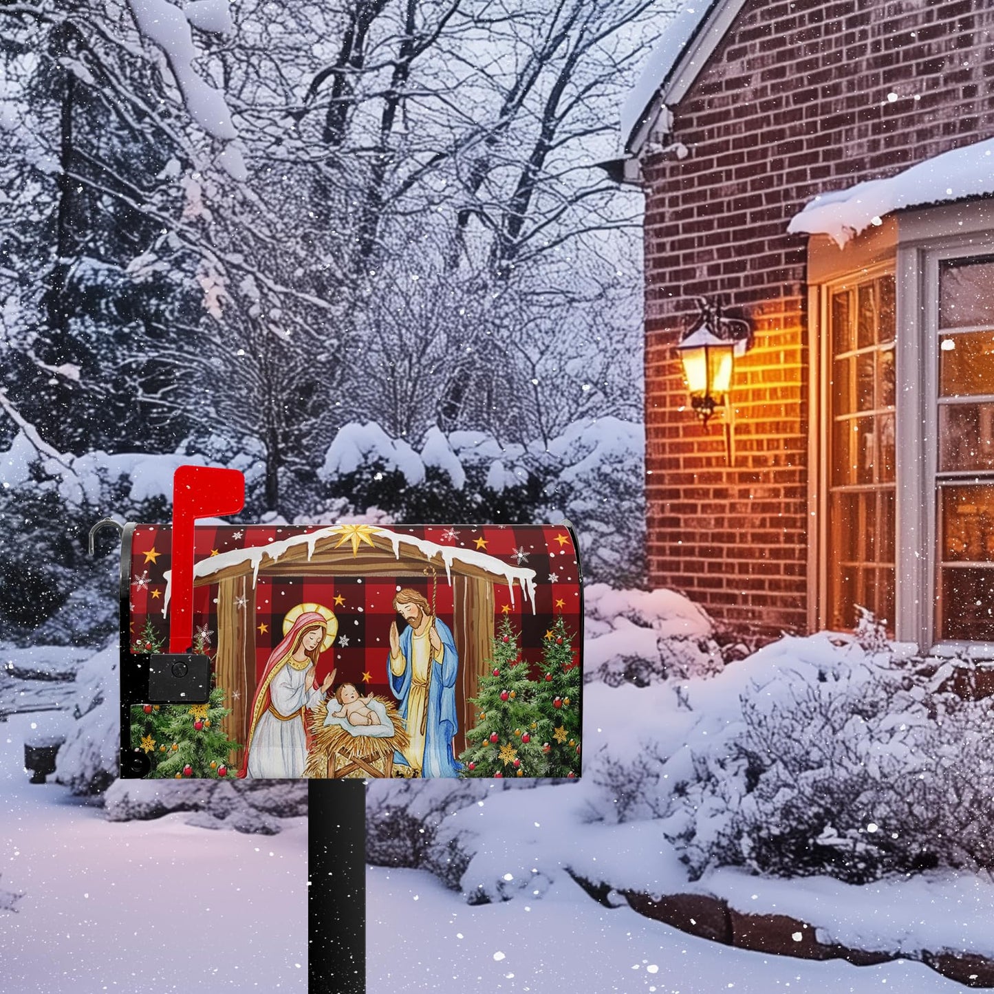 Christmas Nativity Christian Mailbox Covers Magnetic Xmas Jesus Mailbox Cover Standard Size 21 x 18 Inch Merry Christmas Red Holiday Mail Box Wraps for Farmhouse Garden Yard Decor