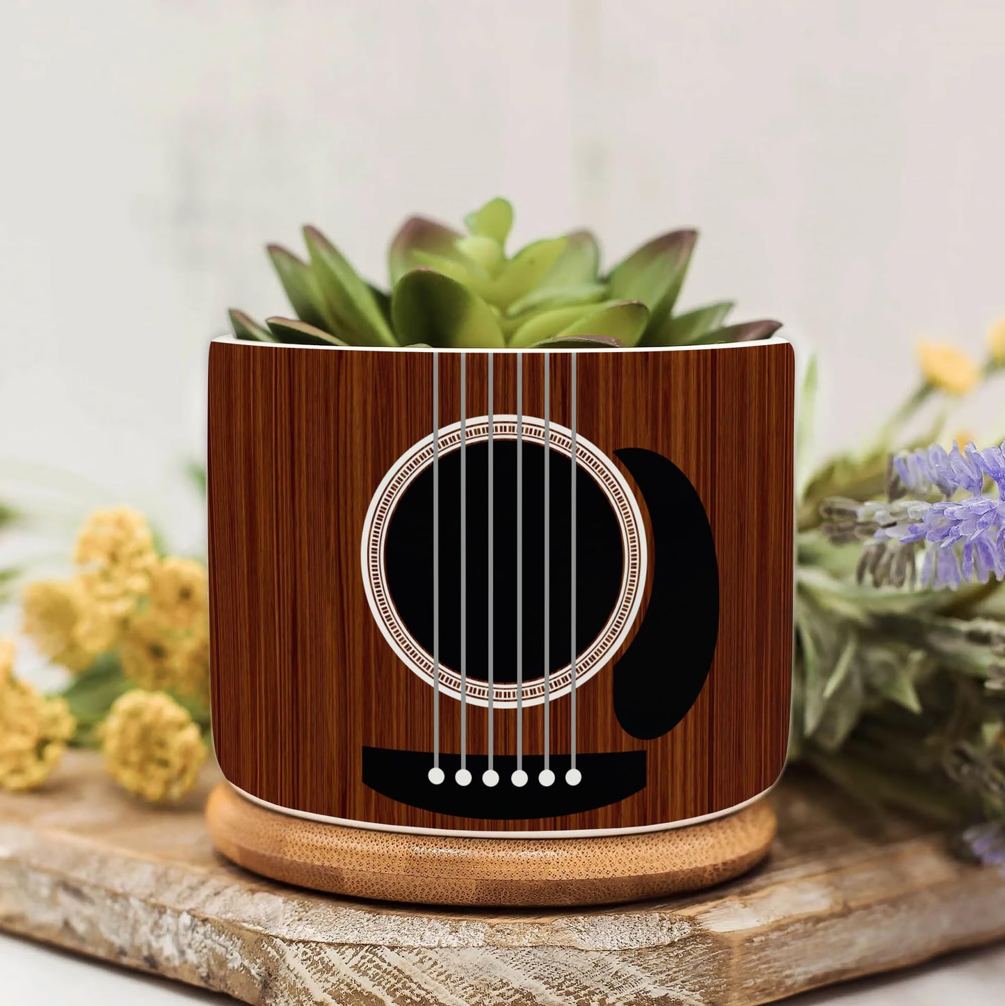 DIQADILA Guitar Pattern Print Mini Plant Pot Set Home Decor, Musician Music Ceramic Succulent Pots with Bamboo Tray Gifts for Planters. Guitar Accessories Gifts for Guitarists