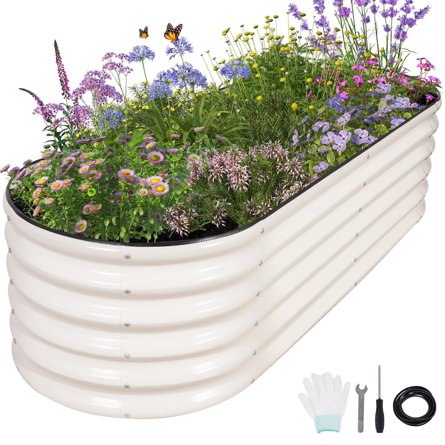Permade Galvanized Raised Garden Bed - 6x2x1.4FT Metal Planter Boxes Outdoor | Oval Steel Raised Bed Kit for Gardening with Protective Tape, Gloves for Vegetables, Flower, Herb (White)