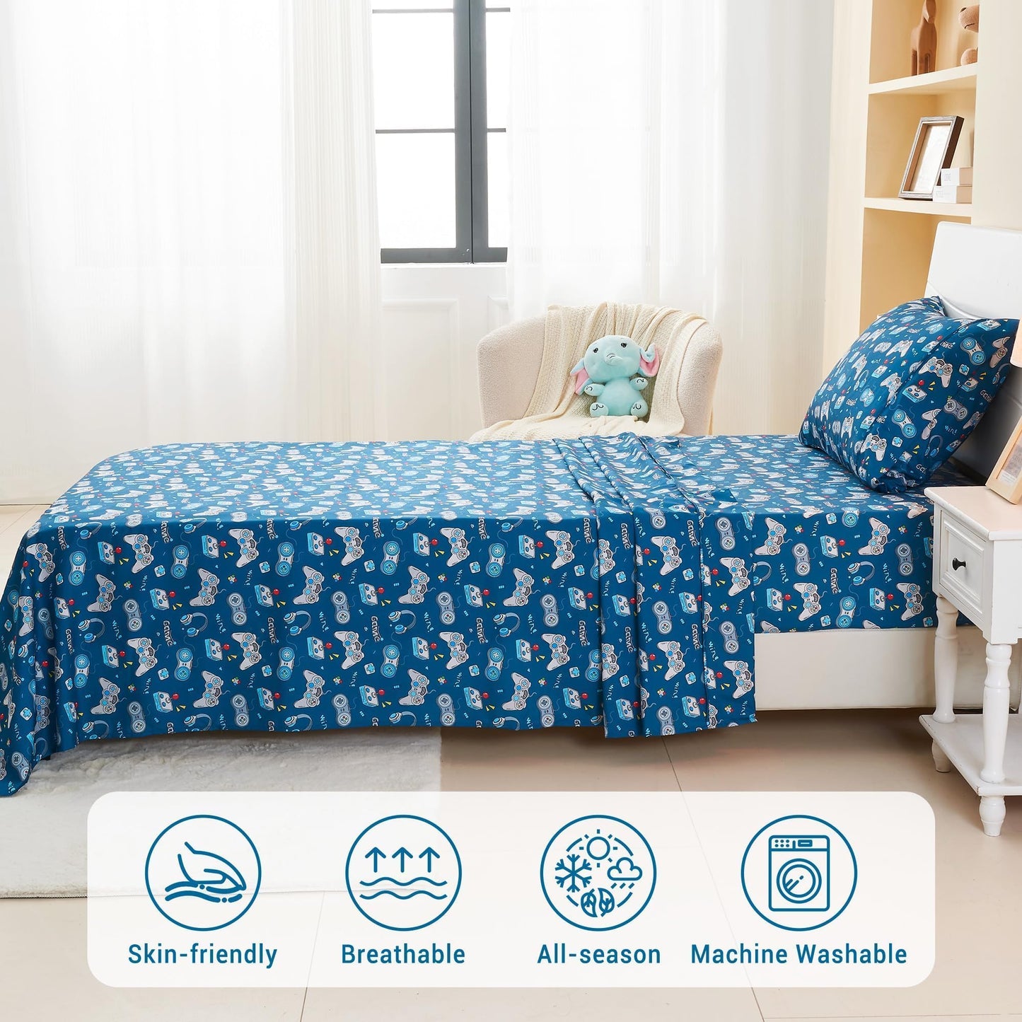 Softan Kids Bed Sheet Set, 4-Piece Full Size Sheets, Microfiber Fitted Sheet with 15 Inches Deep Pocket and Corner Straps, Breathable & Silky Soft Game Controller Printed Sheet and Pillowcase Sets