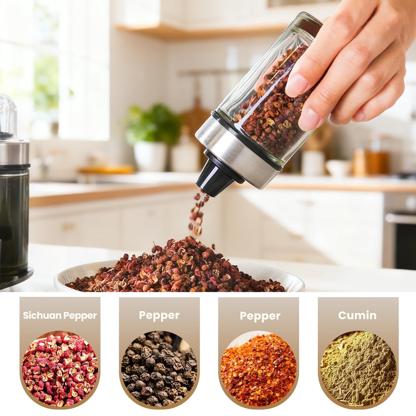 Mlici Oil and Vinegar Dispenser Set of 6 Bottles, Stainless Steel Salt Pepper Holder with 360° Rotating Holder, Cruet Soy Sauce - Premium Glass Condiment for Kitchen, Tabletop, Kitchen Containers