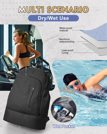 VENATIN Gym Backpack for Women Men,Cheer bag,Lightweight Gym Bag with Shoe Compartment, Waterproof Sports Backpack with Wet Pocket, Black