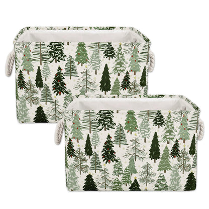 JarThenaAMCS 2Pcs Christmas Rectangle Storage Basket 15 x 10.2 x 9.4 In Xmas Pine Tree Foldable Open Toy Organizer Bag with Handle Large Laundry Dirty Cloth Storage Bin for Bedroom Shelves Closet