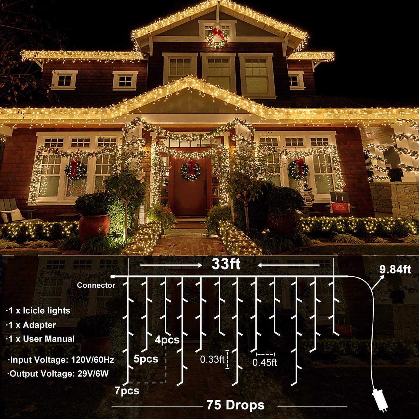 Icicle Christmas Lights Outdoor, 33ft 400 LED Icicle Lights for Outside, Plug in Twinkle Lights Indoor with 8 Modes Timer Waterproof for House Holiday Decor Wedding Christmas Decorations (Warm White)