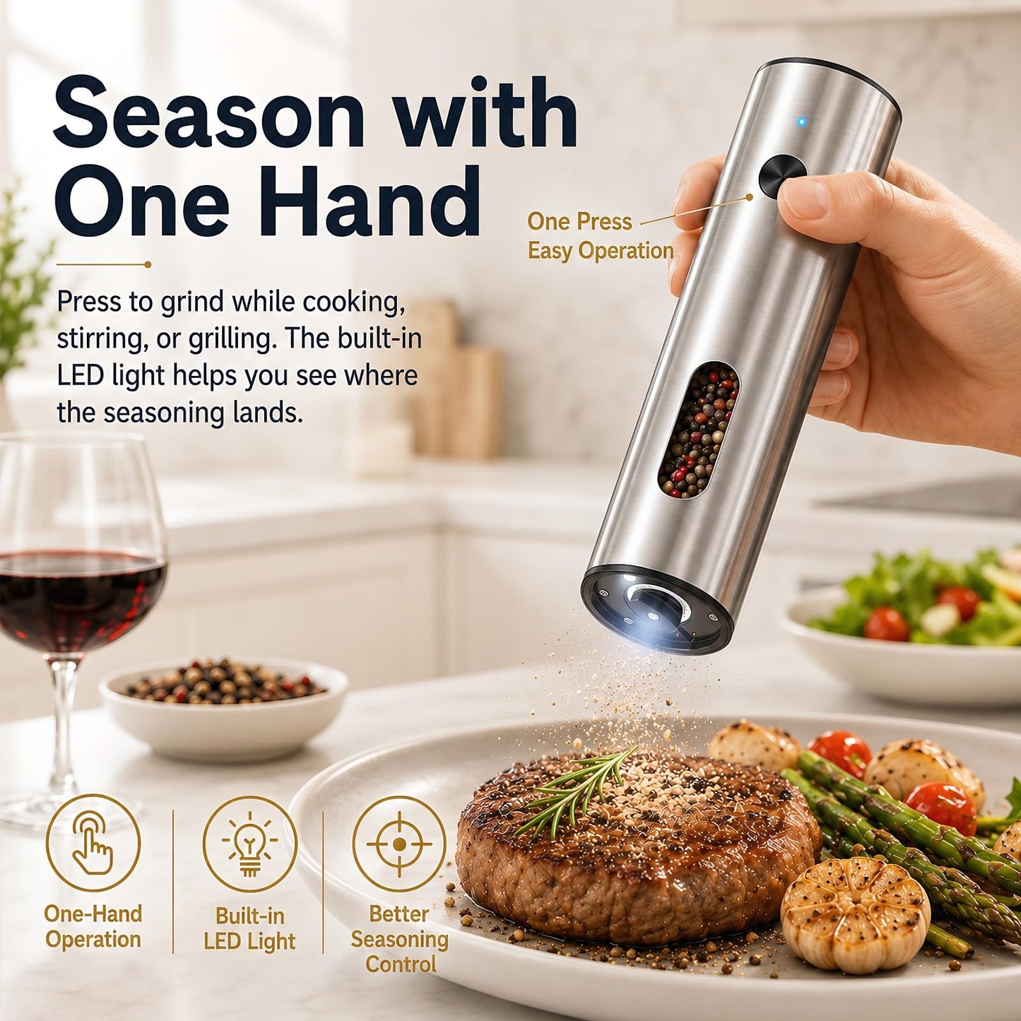 TeSabMi Electric Salt and Pepper Grinder Set, Rechargeable with USB C Charging Base, 110ml Large Capacity, 5-Level Adjustable Coarseness, Stainless Steel, LED Light, Automatic