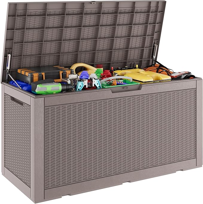 Outdoor Storage Box, Resin Deck Boxes Indoor and outdoor, Waterproof Storage Box Lockable Lid (Grey, 101 Gallon)