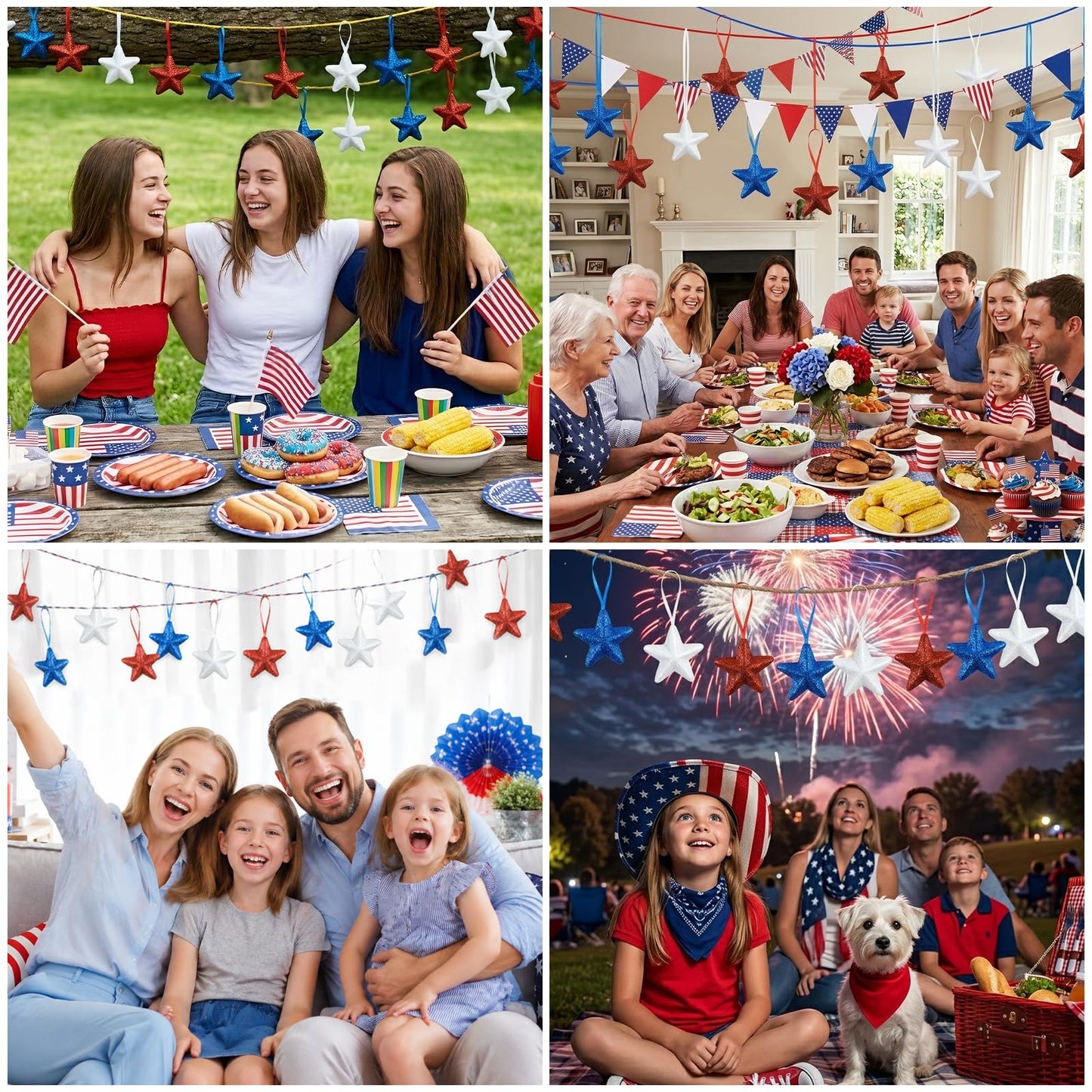 Patriotic Star Tree Ornaments 4th of July Star Hanging Decorations 24 Pcs Red Blue White Stars Tree Ornament Memorial Day Independence Day Hanging Stars for Patrictic Veteran Day Home Decor