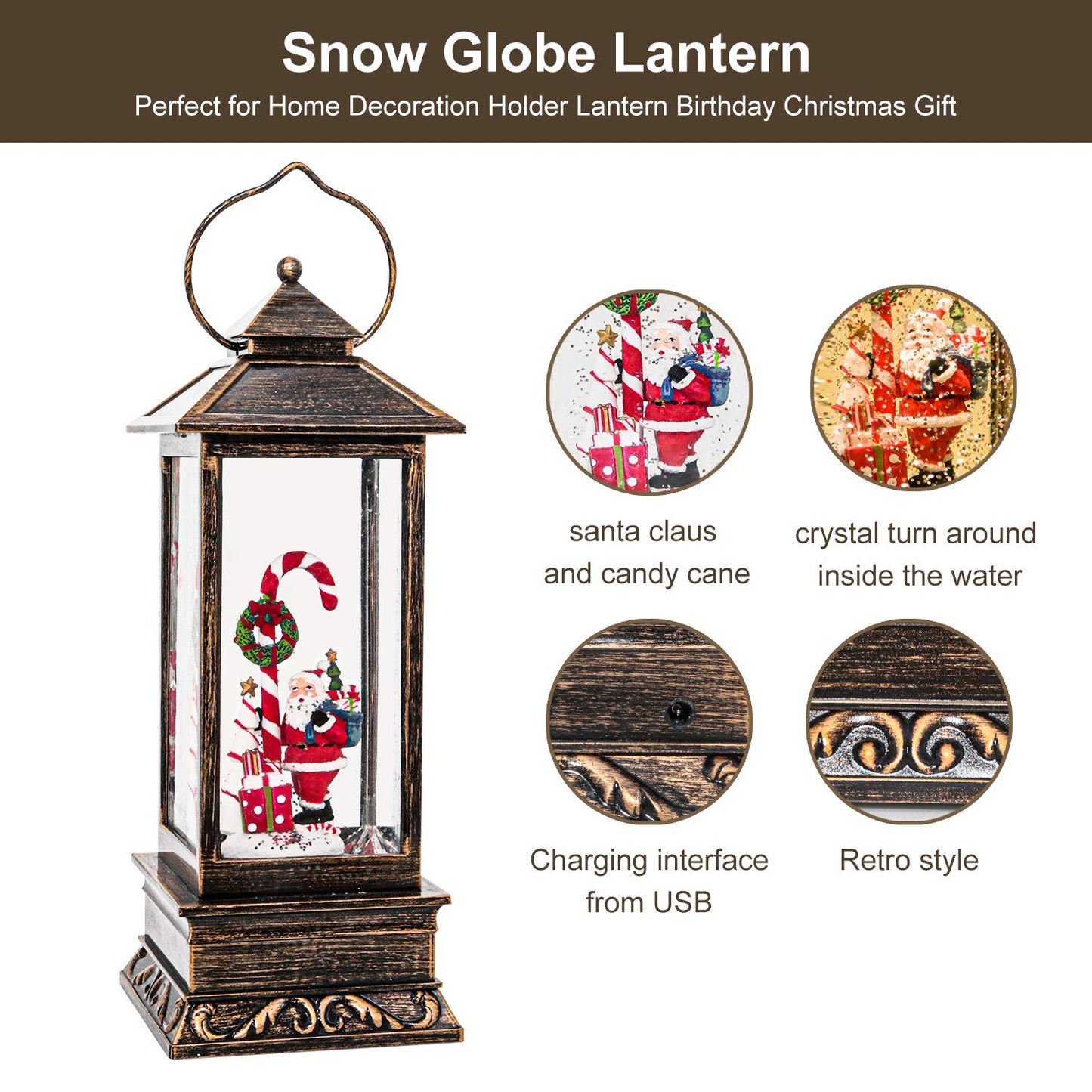 Christmas Musical Snow Globe Lantern, 12 Inch Spinning Glittering Lantern with 6 Hours Timer, USB Powered & Battery Operated for Christmas Decorations (Santa Claus and Candy Cane)