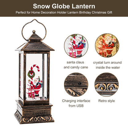 Christmas Musical Snow Globe Lantern, 12 Inch Spinning Glittering Lantern with 6 Hours Timer, USB Powered & Battery Operated for Christmas Decorations (Santa Claus and Candy Cane)