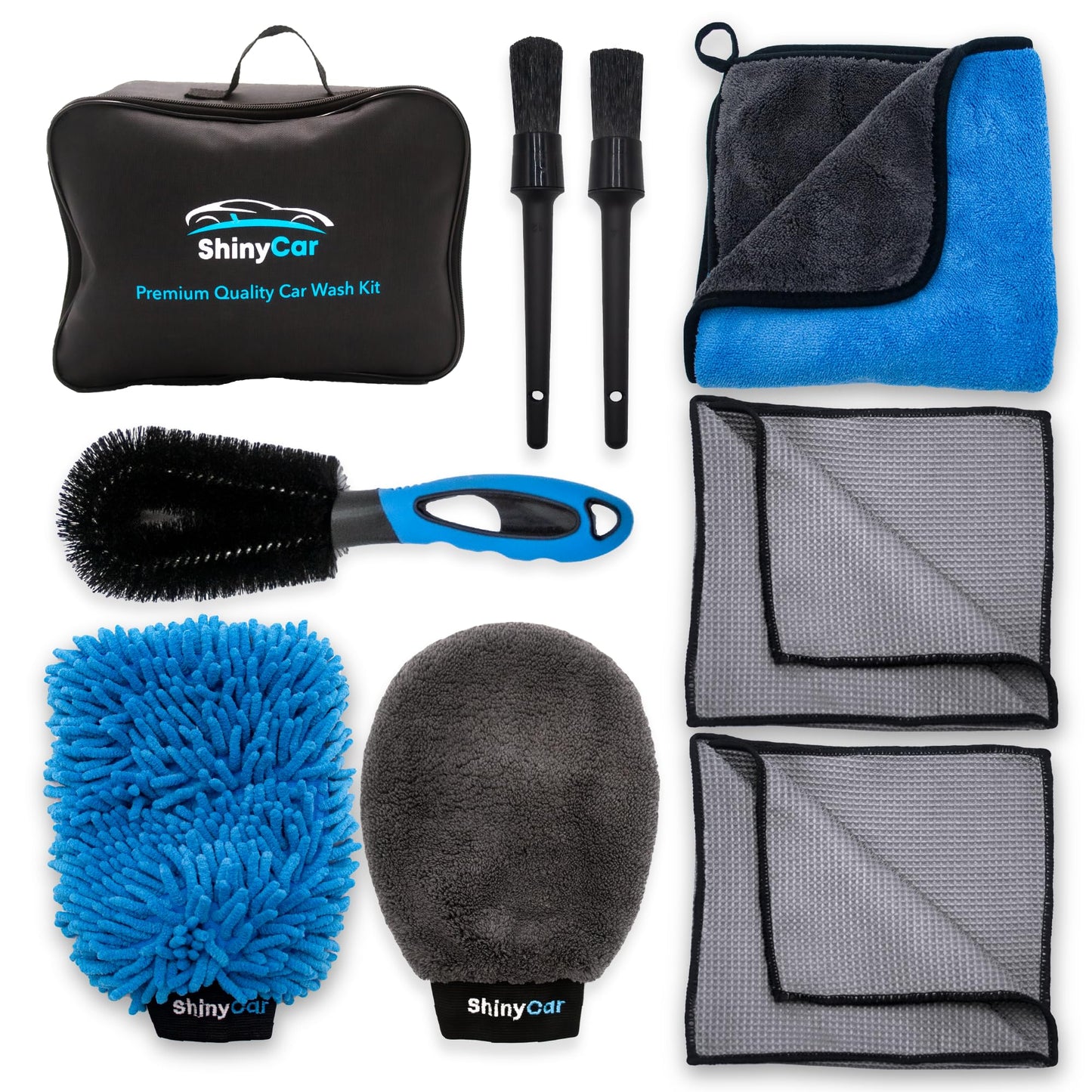 ShinyCar® UK: Premium Car Cleaning Kit with Bag - Professional Washing & Detailing Set, Includes Wash Mitts, A Game-Changing Microfibre Drying Towel, Waffle Cloths & Trio Of Brushes For A Deep Clean