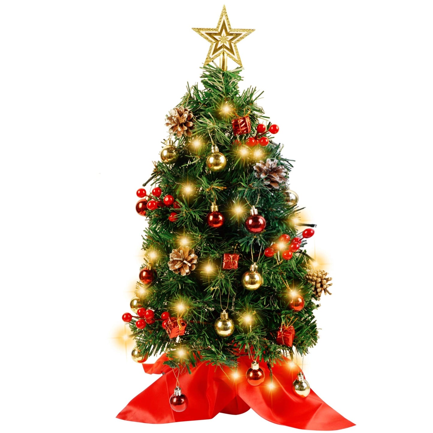 Blissun 2Ft Mini Christmas Tree, Artificial Christmas Pine Trees, Tabletop Xmas Tree, Mini Christmas Pine Tree with LED Lights, Star Tree Topper and Christmas Ornaments for Christmas Table Decorations