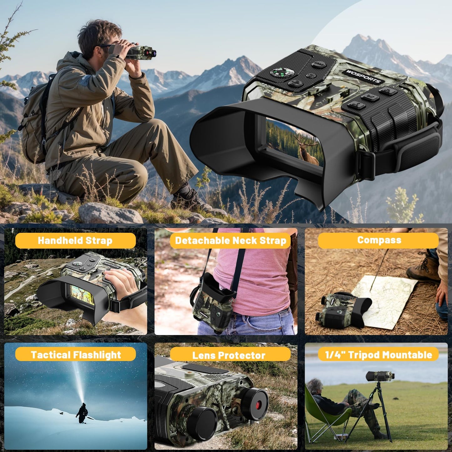 WOSPORTS 4K Infrared Night Vision Goggles – 1300FT Range, 8X Digital Zoom, 32GB Card, 15H Battery, Suitable for Camping, Gift for Men - Camo