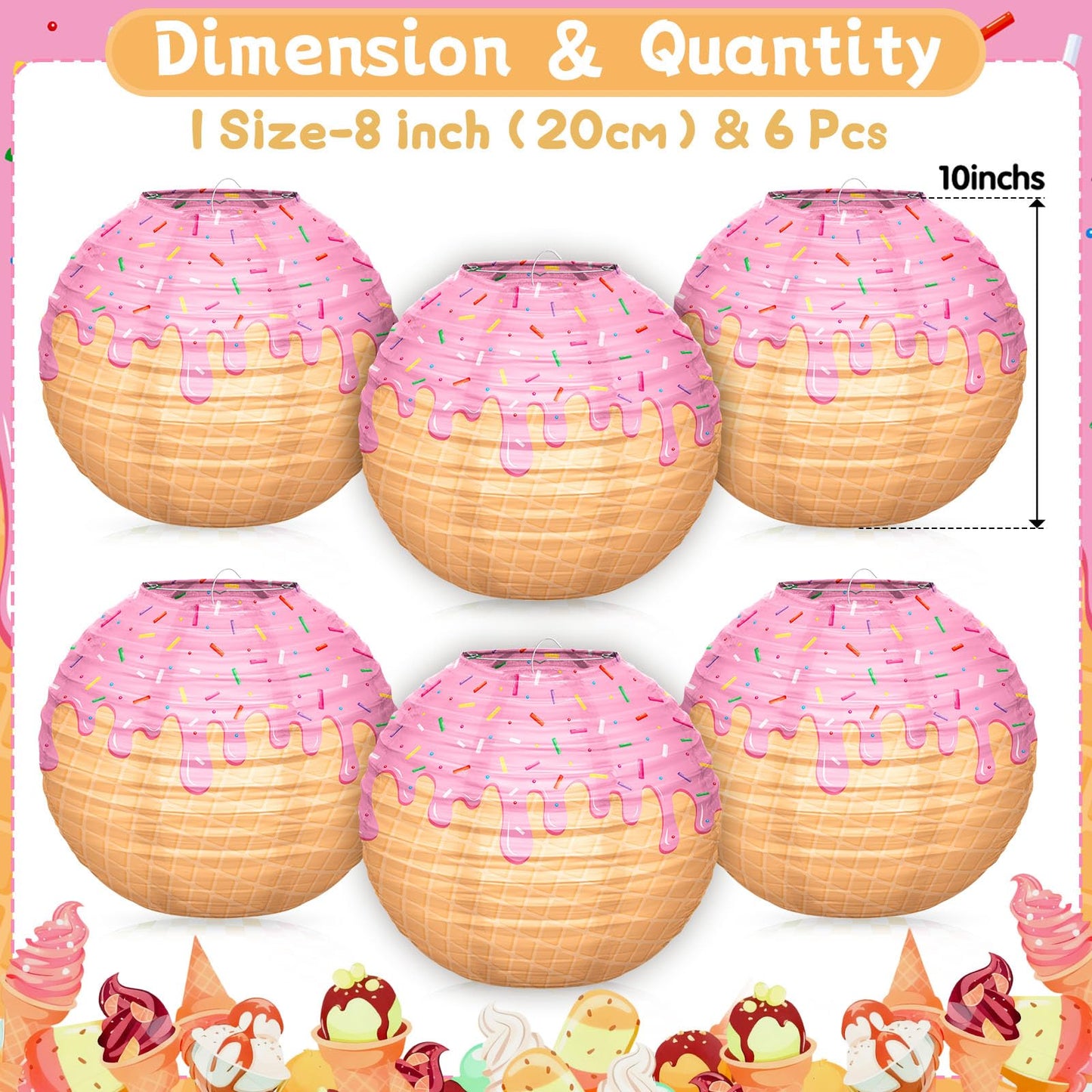 6pcs Ice Cream Baseball Drip Paper Lanterns, 8 Inch Round Hanging Party Decorations for Baseball Theme Party Birthday Christmas Backyard Porch Room Indoor/Outdoor Home Holiday Supplies