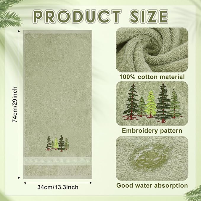 2 Pcs Forest Hand Towels Gray Green Bathroom Decor 14x29 Inch Embroidered 100%