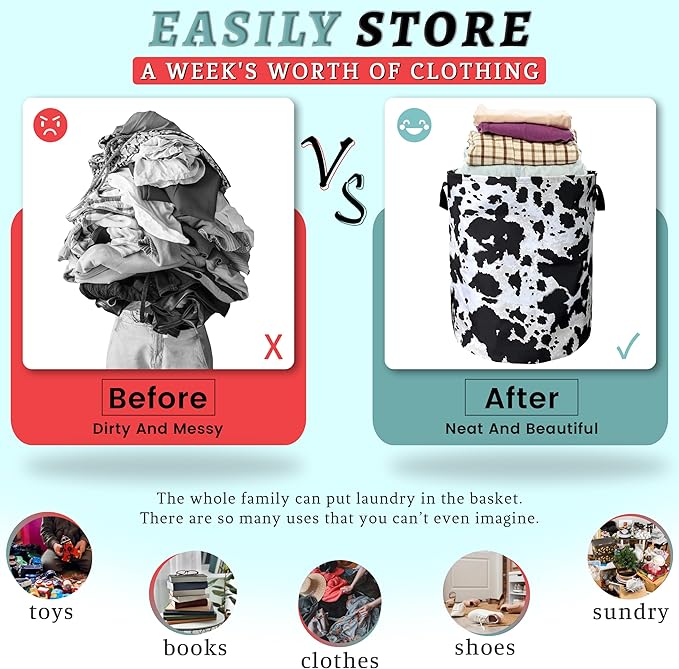 Retro Black White Cows Print Laundry Basket Foldable