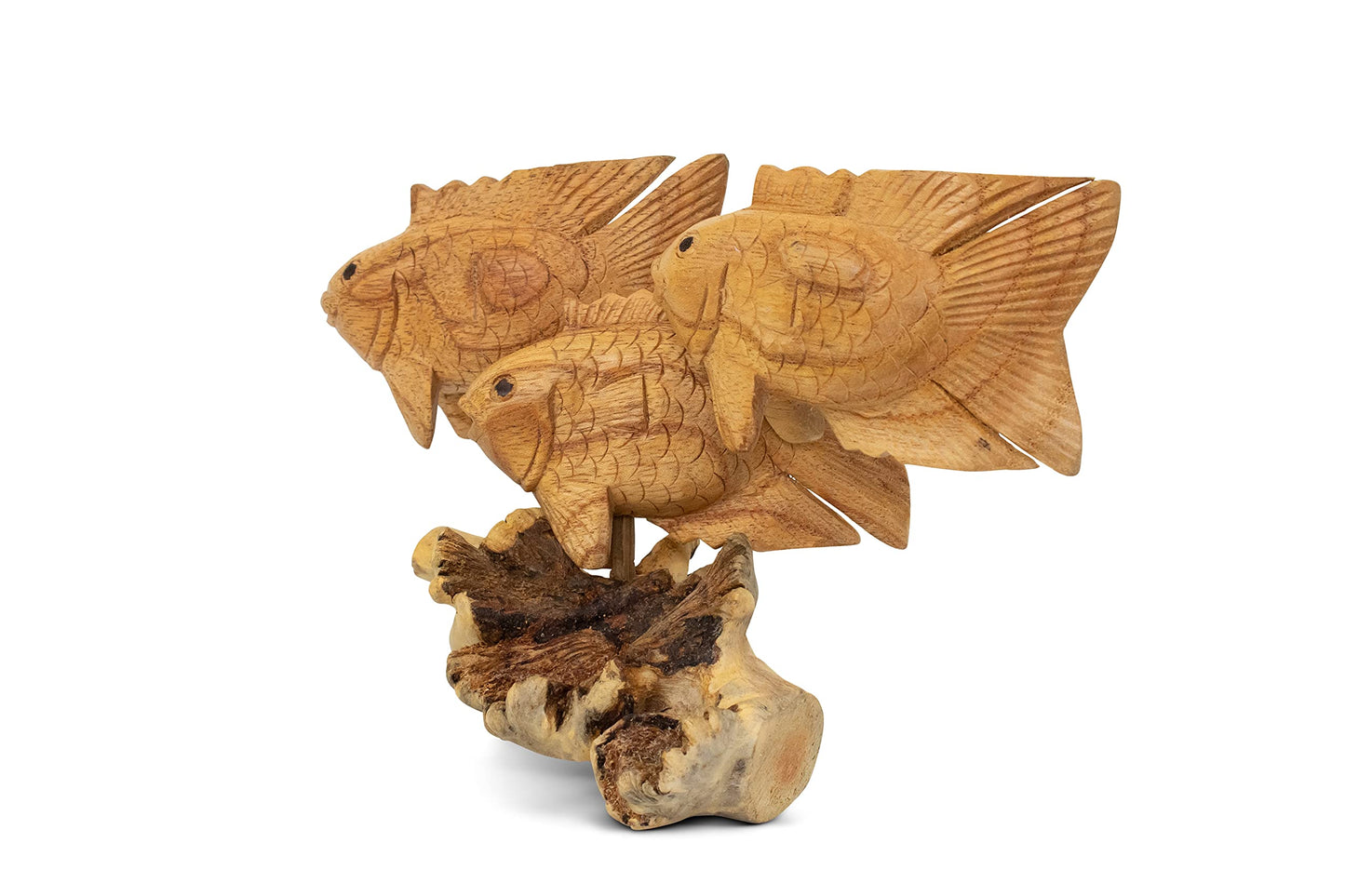 G6 Collection Wooden Hand Carved 3 Fish Swimming Statue Figurine Sculpture Art Decorative Rustic Home Decor Accent Handmade Gift Handcrafted Seaside Tropical Nautical Ocean Coastal Decoration 3 Fish
