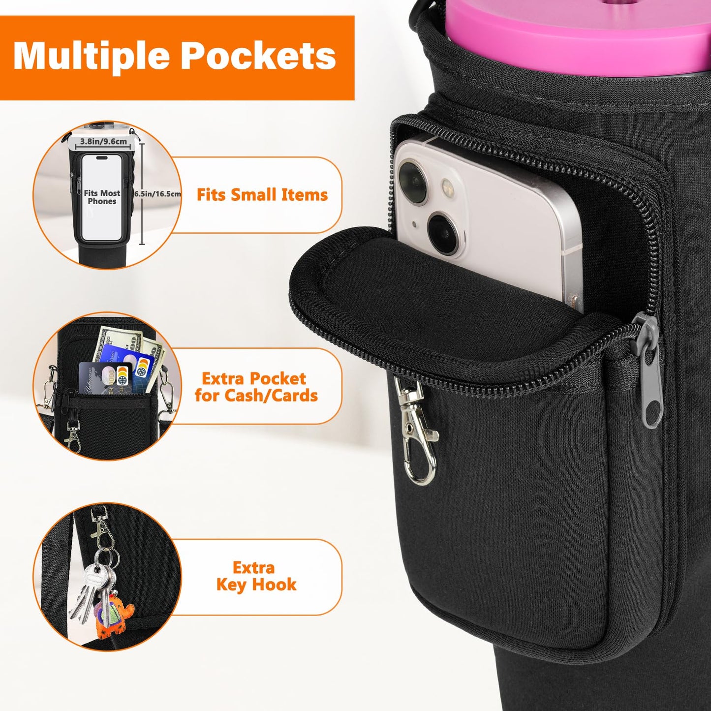 Magnetic Water Bottle Carrier Bag Compatible with Stanley/Meoky 40 oz Tumbler with Handle,Water Bottle Holder Pouch with Adjustable Shoulder Strap & Phone Pocket Fits for Stanley Cup Accessories