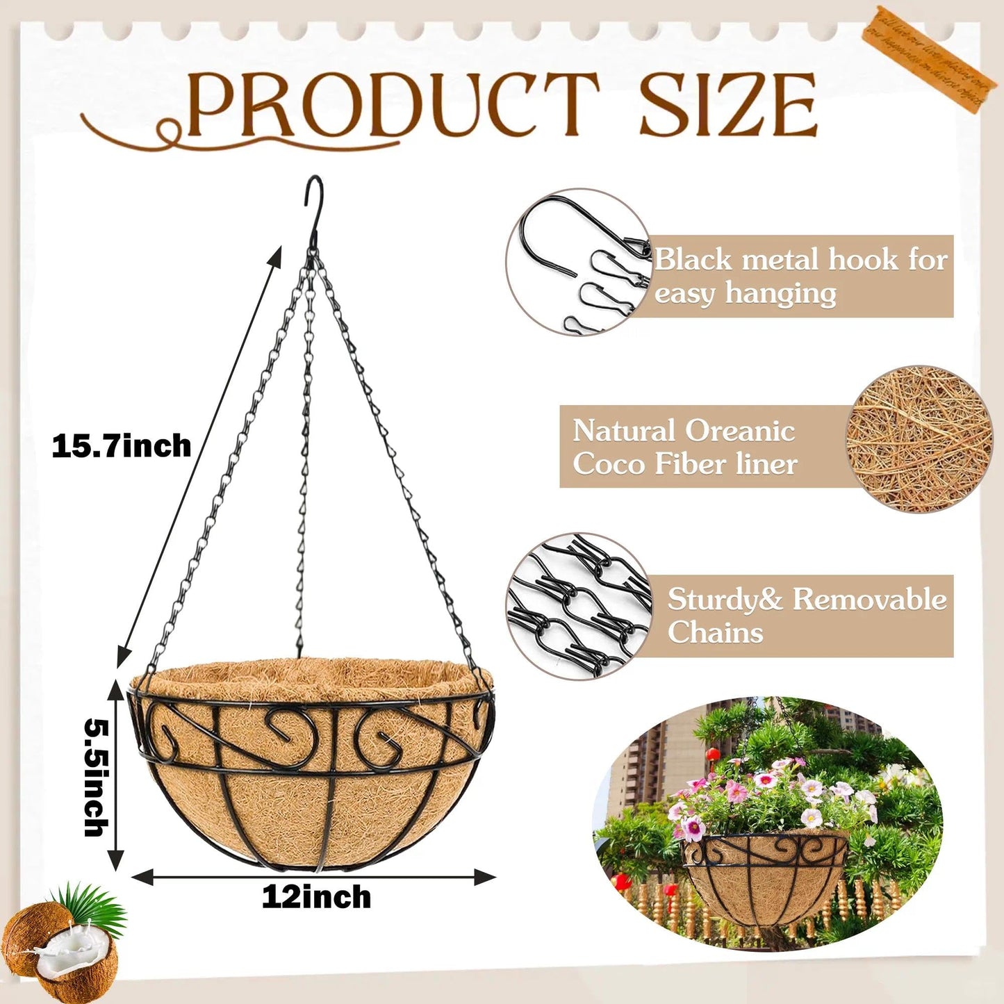 KIDYBELL Metal Hanging Planters Basket Set of 4 Outdoor with Coco Fiber Liners Chain Hanging Basket Suitable for Vegetables Flower Heavy Duty Round Plant Holder Garden Balcony Patio Deck Porch Decor
