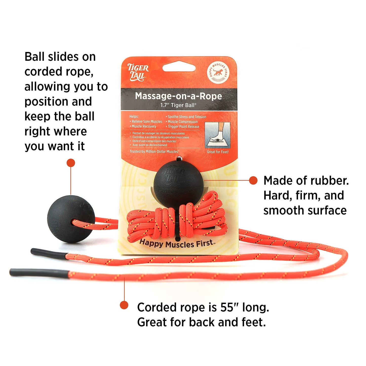 Tiger Tail Tiger Ball 2.6 Foam Roller Ball + 47” Corded Rope – Deep Tissue Massage Ball: Feet, Legs, Neck, Back – Trigger Point Massage Therapy – Relieve Muscle Soreness – Muscle Recovery