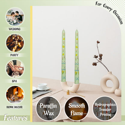 FLAMMUL Print Taper Candles Set of 2, Light Green with Pastoral Animal Floral Candle Sticks 10 Inch Long Tapered Candle Handmade Drip Candlesticks for Holiday Gifts & Home Decor
