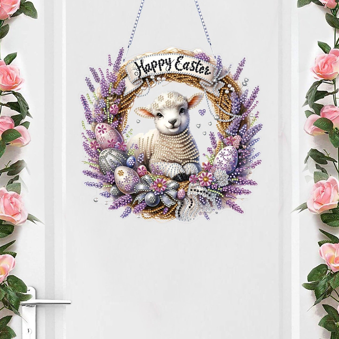 VODAPYC Easter Diamond Art Hanging Kits for Adults, DIY Double Sided Partial Special Shaped Diamond Painting Window Pendant Ornament(Happy Easter Sheep)