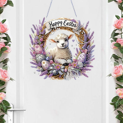 VODAPYC Easter Diamond Art Hanging Kits for Adults, DIY Double Sided Partial Special Shaped Diamond Painting Window Pendant Ornament(Happy Easter Sheep)