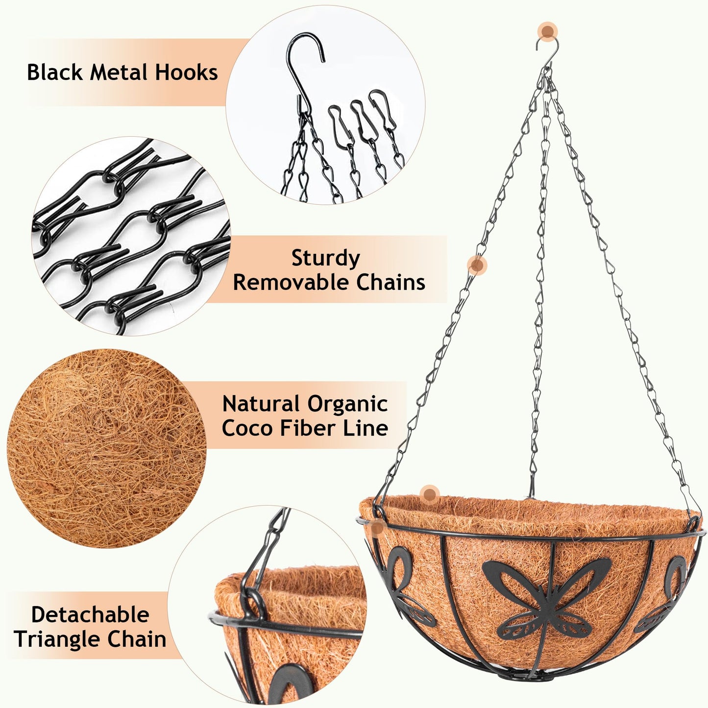 ARVINKEY Hanging Baskets Planter for Plants, 2 Pack 10 Inch Round Metal Wire Hanging Flower Pots with Coco Coir Liner Chain, Plant Holder for Home Garden Balcony Decor
