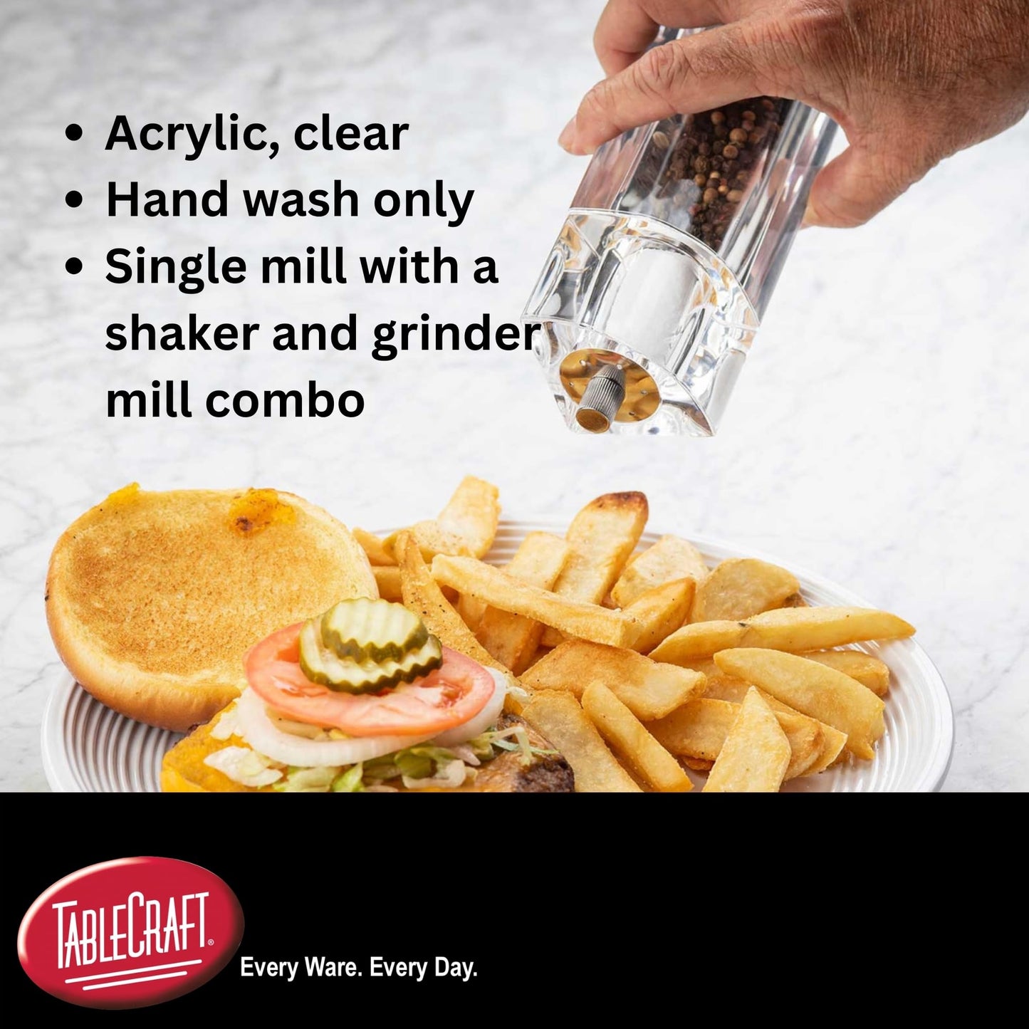 TableCraft 11832, Acrylic Salt and Pepper Mill Combo, 2-in-1 Grinder and Shaker, Clear, 30ml Shaker / 75ml Grinder, Break-Resistant, Square Design, Commercial Foodservice Grade