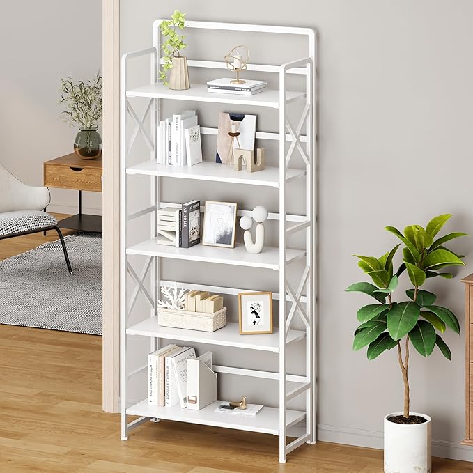 No Assembly Folding Bookshelf, 5 Tiers Vintage Wood Collapsible Book Shelf