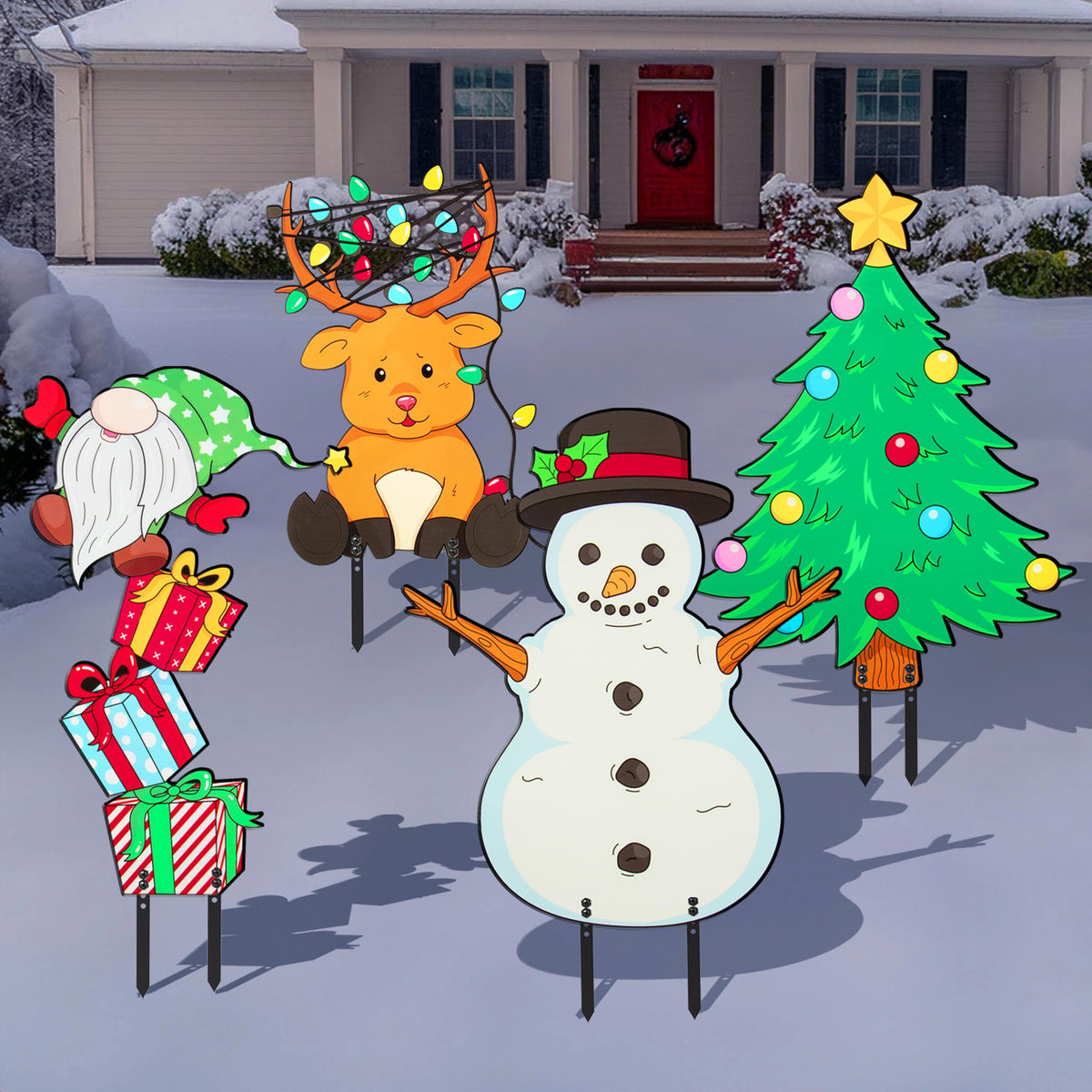 Christmas Metal Yard Signs- Set of 4 Different Adorable Designs- Large 16" Durable Outdoor Xmas Lawn Decorations w Metal Stakes for Easy Set Up- Make an Impact to Your Holiday Light and Garden Display