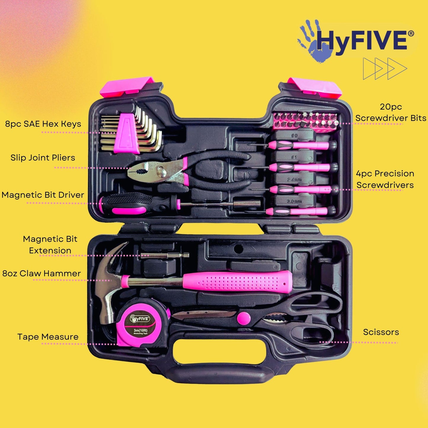 Pink DIY Tool Kit Set in Carry Bag - Hammer, Pliers, Screwdriver - 38pcs