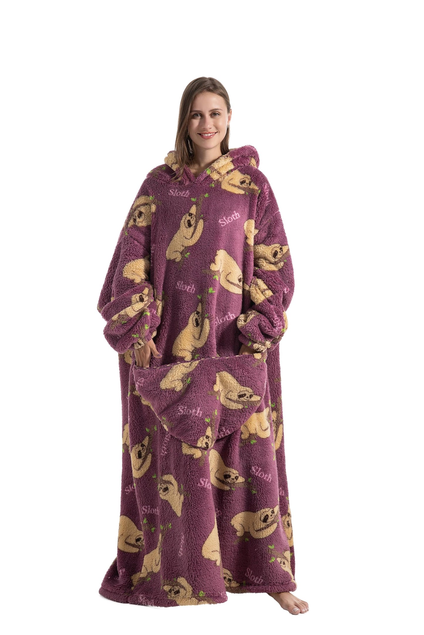 Capecage Blanket Hoodie, Long Hooded Blanket Sweatshirt as Birthday Gifts for Women Men, Long Wearable Blanket for Men Women.(Sloth)