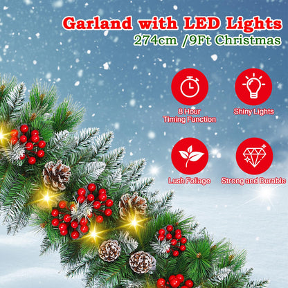 Christmas Garland with Lights - 9FT Pre-Lit Flocked Garland with 30 LED Bulbs, Red Berries, Pine Cones, Artificial Pine Battery Operated Garland for Fireplace, Staircase, Indoor & Outdoor Decoration