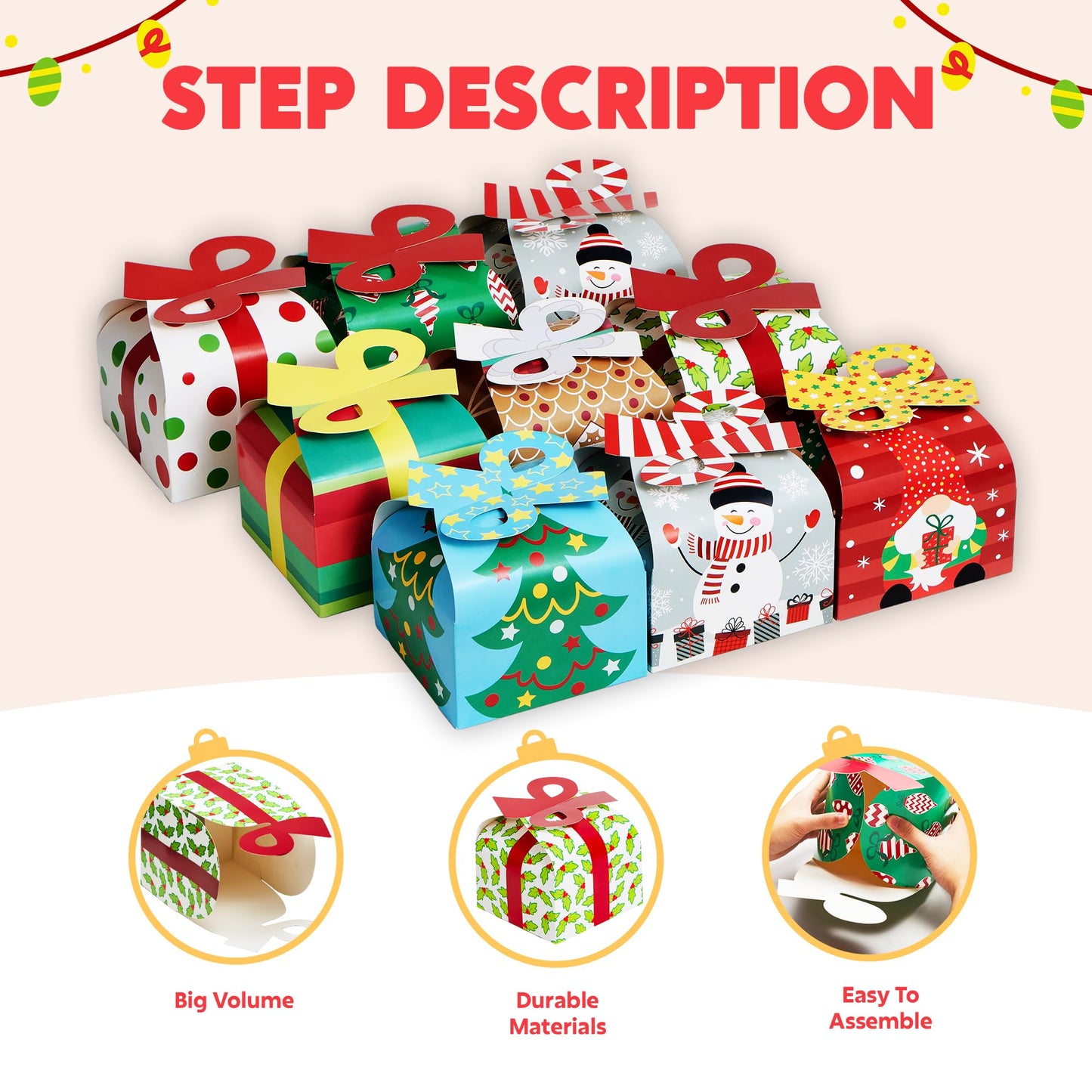JOYIN 24 PCS 3D Christmas Goody Gift Boxes with Bow for Holiday Xmas Goodie Paper Boxes, School Classroom Party Favor Supply, 6” x 6” x 5.5” 8 Designs Candy Treat Cardboard Cookie Box for Gift Giving