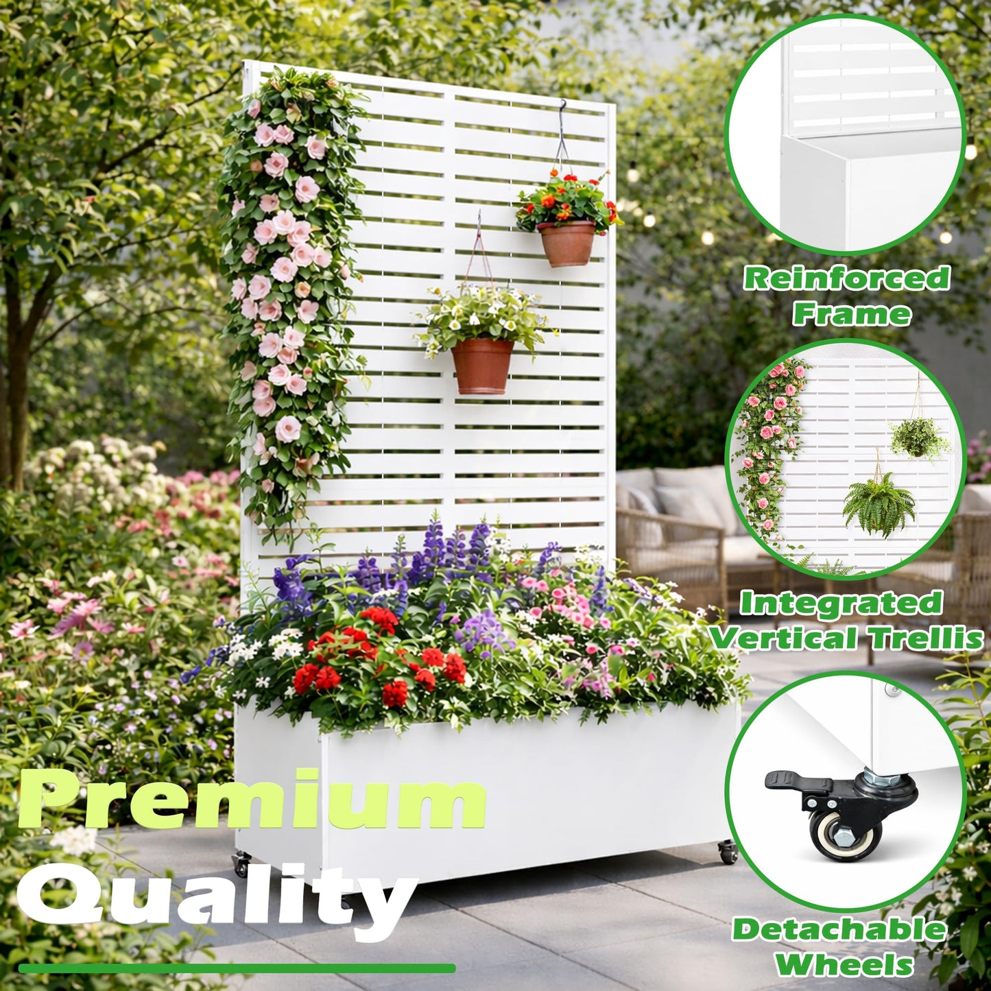 VERSSURE Metal Planter Box with Trellis, 43” L x 16” W x 71” H Raised Garden Bed with Wheels, Privacy Planters for Patio, Metal Planter Box with Drainage Holes, White